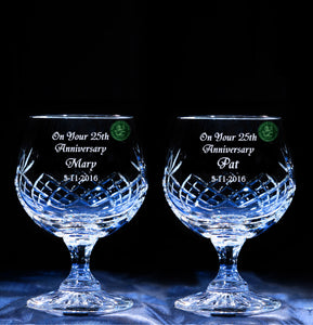 Engraved Pair Of Cut Crystal Brandy Glasses
